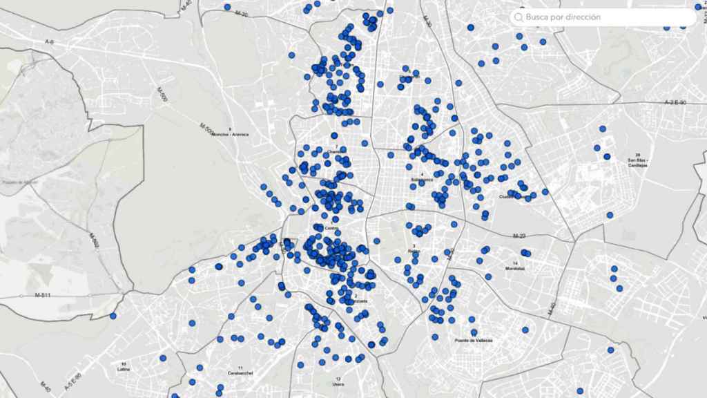 Mapa de las viviendas de uso turístico legales en Madrid.