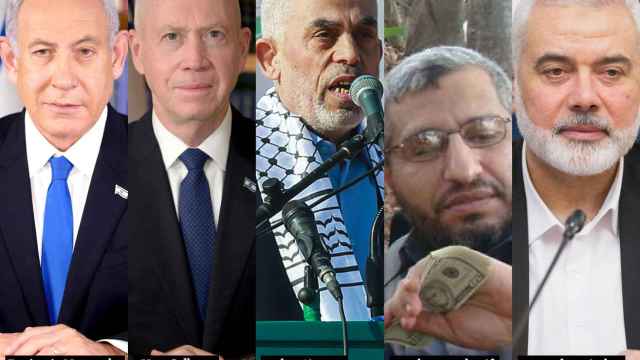 De izda. a dcha: Benjamin Netanyahu, Yoav Gallant, y los líderes de Hamás, Yahya Sinwar, Mohammed Deif e Ismael Haniyeh.