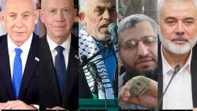 De izda. a dcha: Benjamin Netanyahu, Yoav Gallant, y los líderes de Hamás, Yahya Sinwar, Mohammed Deif e Ismael Haniyeh.