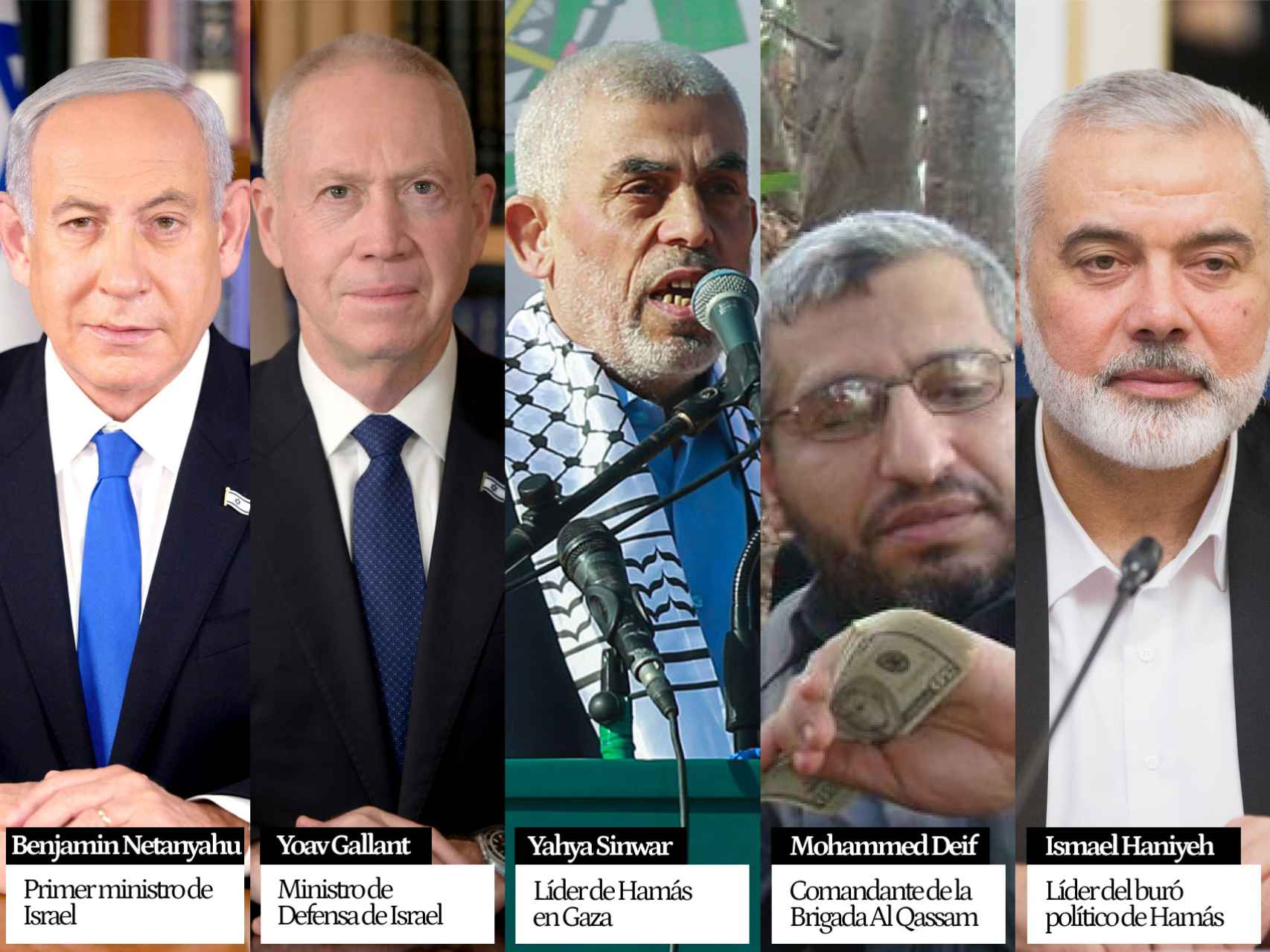 De izda. a dcha: Benjamin Netanyahu, Yoav Gallant, y los líderes de Hamás, Yahya Sinwar, Mohammed Deif e Ismael Haniyeh.