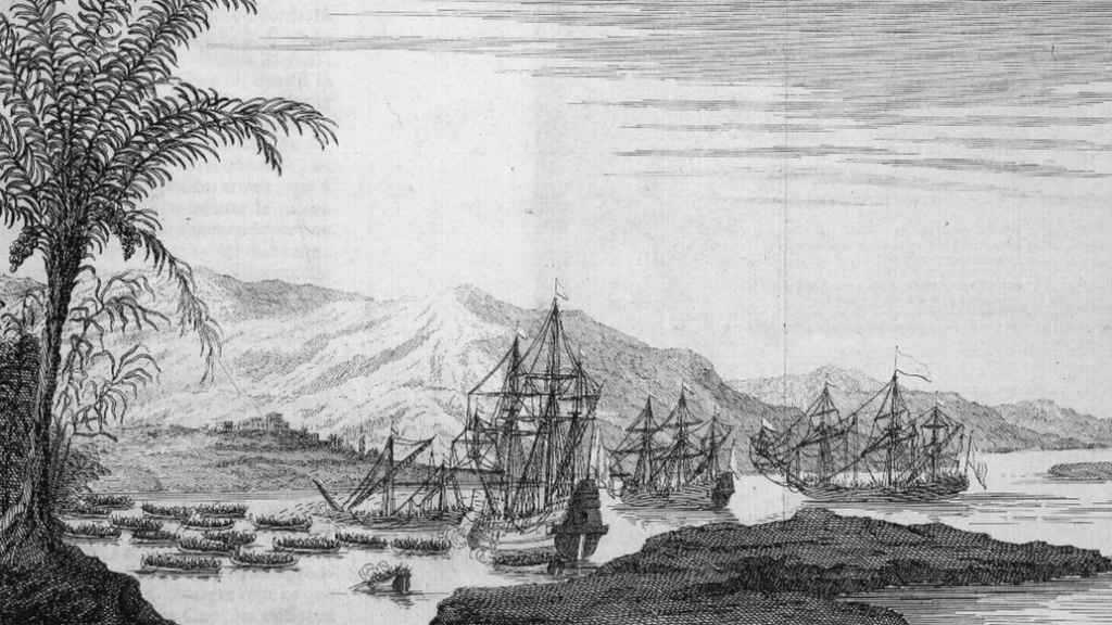 Barcos españoles y canoas indígenas en el río Panuco. Grabado del siglo XVII y XVIII.