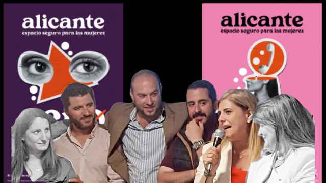 Los integrantes de Vox en el Ayuntamiento de Alicante y los carteles de ediciones anteriores del punto violeta.