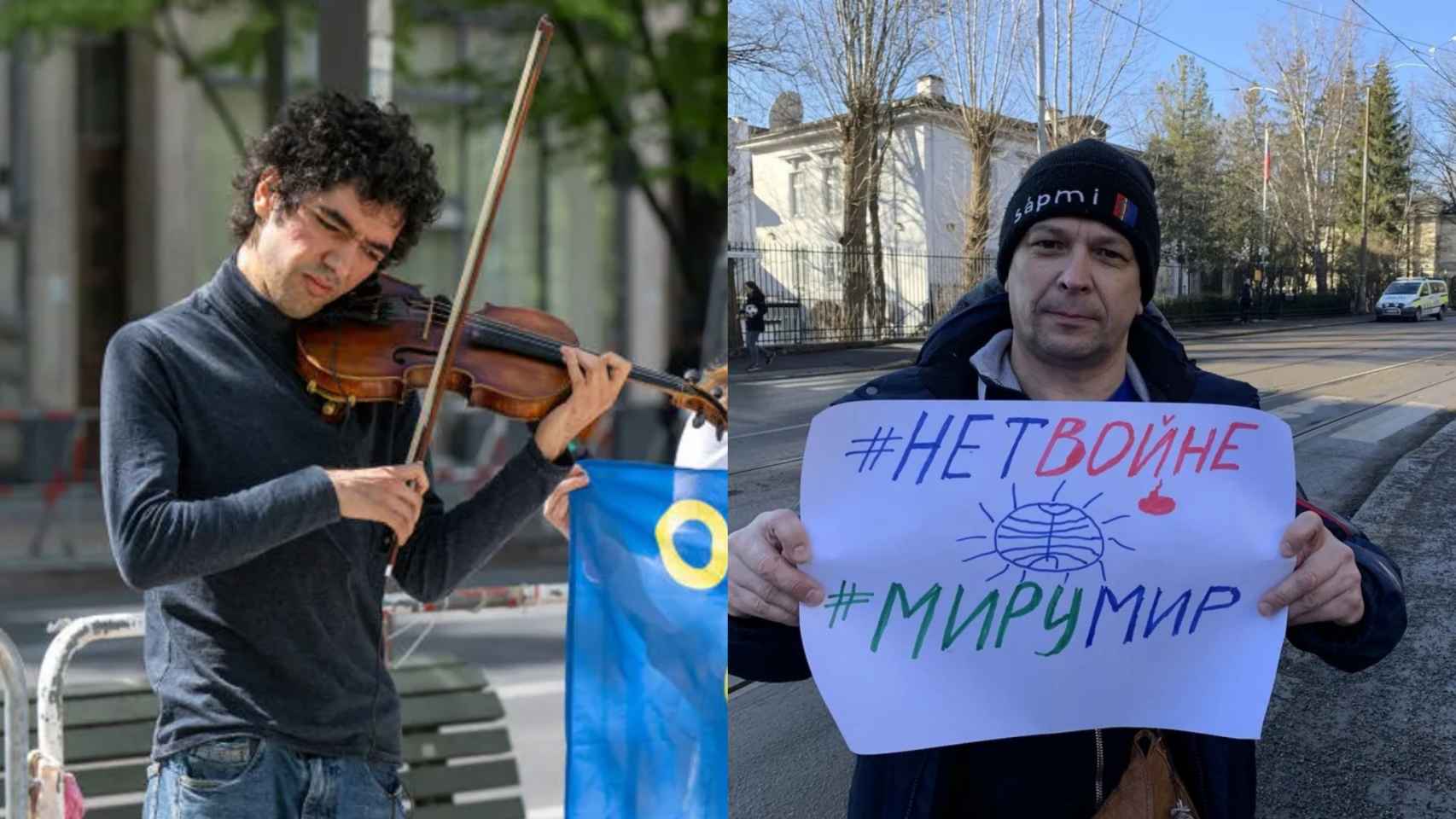 El violinista y activista por el clima Arshak Makichyan y el indígena sami Andrei Danilov.