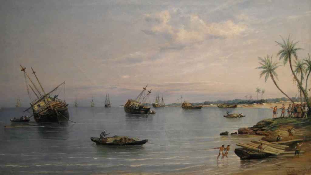 Hernán Cortés ordenando destruir sus naves según el pincel de Rafael Monleón. 1887.