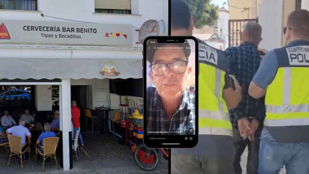 A la izquierda, el bar donde fue detenido. En el móvil, su último TikTok y a la derecha, una imagen de su detención.