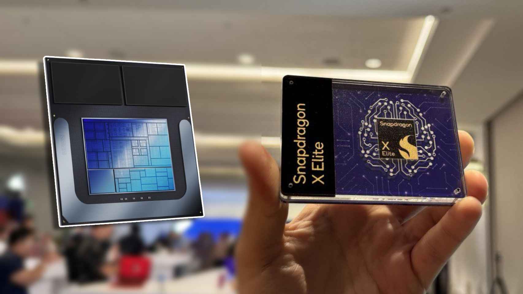 El chip Intel Lunar Lake (izqda) y el Snapdragon X Elite de Qualcomm (dcha).