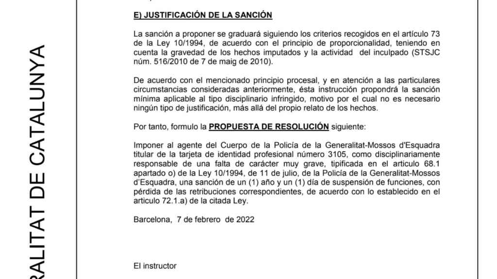 Fragmento del expediente disciplinario emitido por la Dirección General de Policía de la Generalitat de Cataluña.