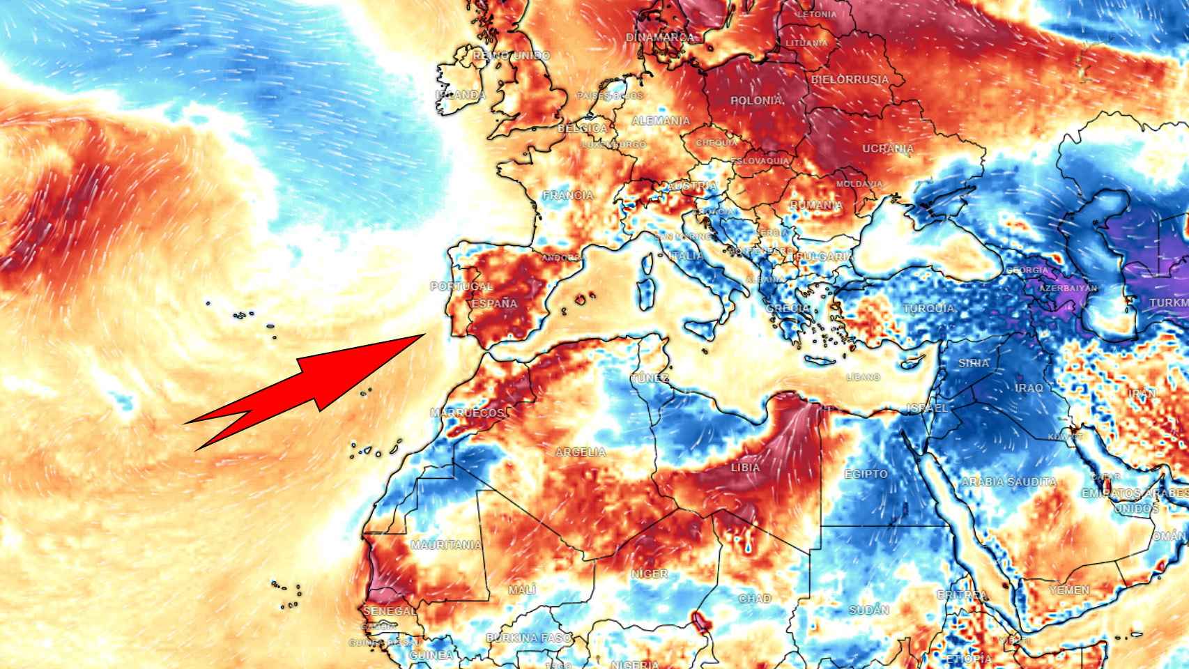 Las anomalías de temperaturas cálidas previstas para el domingo. Meteored.