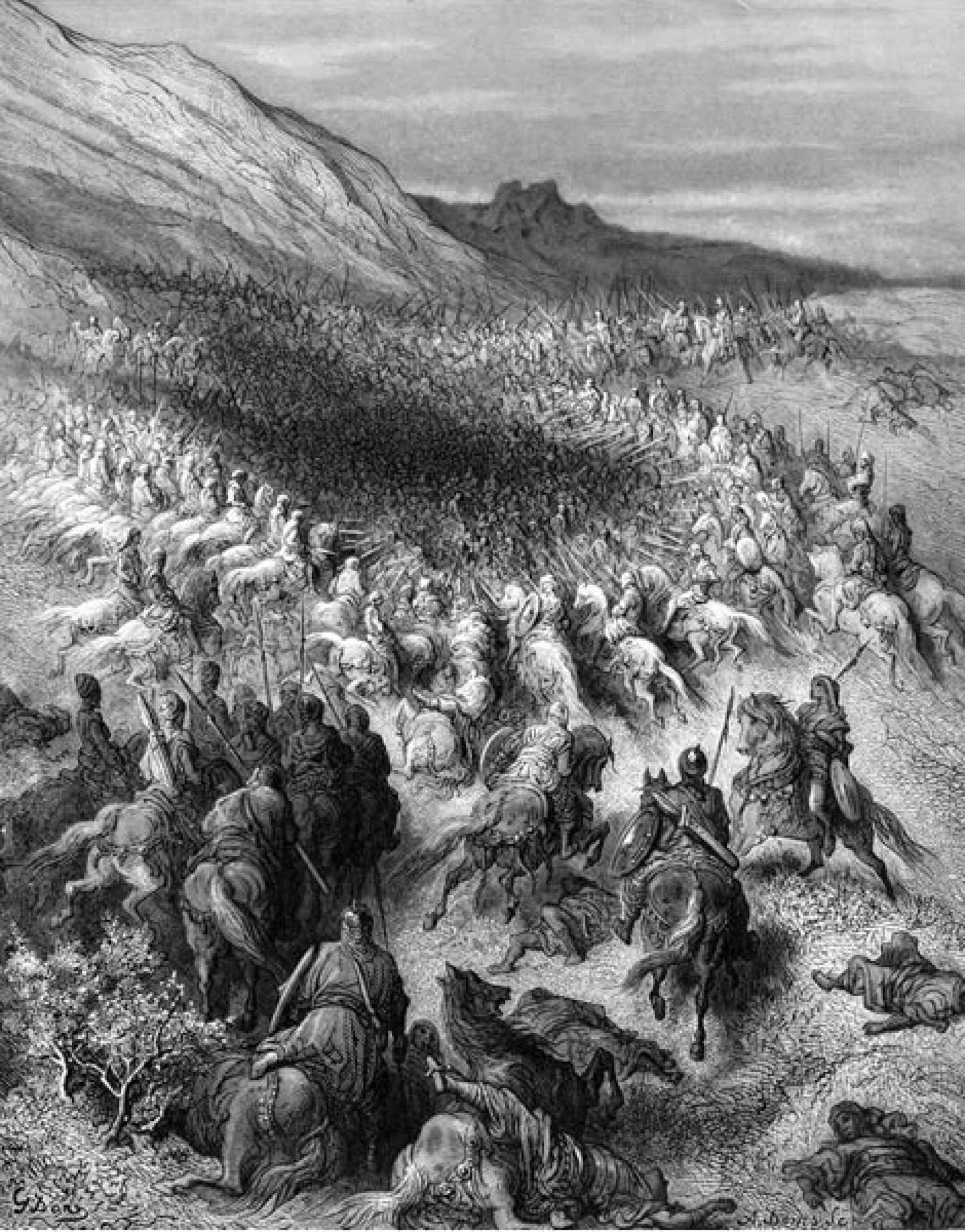 Ejército cruzado siendo aniquilado en los Cuernos de Hattin según Gustavé Doré. S. XIX.
