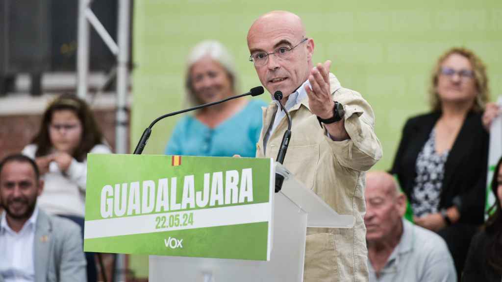 El candidato de VOX a las elecciones europeas, Jorge Buxadé, en un acto de precampaña en Guadalajara el pasado 22 de mayo.