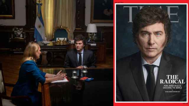 Una periodista de Time entrevista a Milei en su despacho de la Casa Rosada (i) y la portada del número (d).