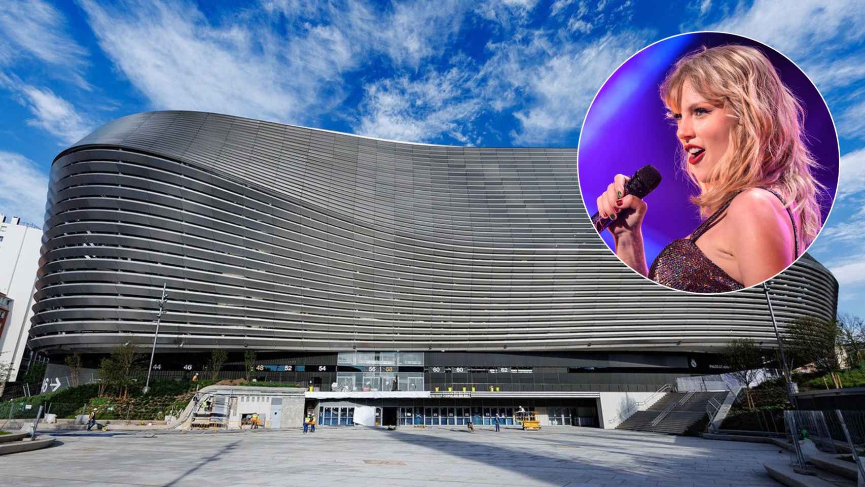 Taylor Swift y una foto del exterior del Santiago Bernabéu.