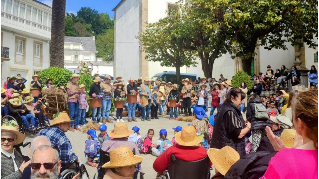 Vecinos de Ortigueira (A Coruña) llenan la plaza Isabel II de flores por la XV Fiesta de los Maios