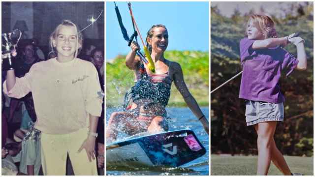 De izquierda a derecha, Kira Miró con un trofeo de niña, practicando kitesurf en la actualidad y jugando al golf de pequeña.