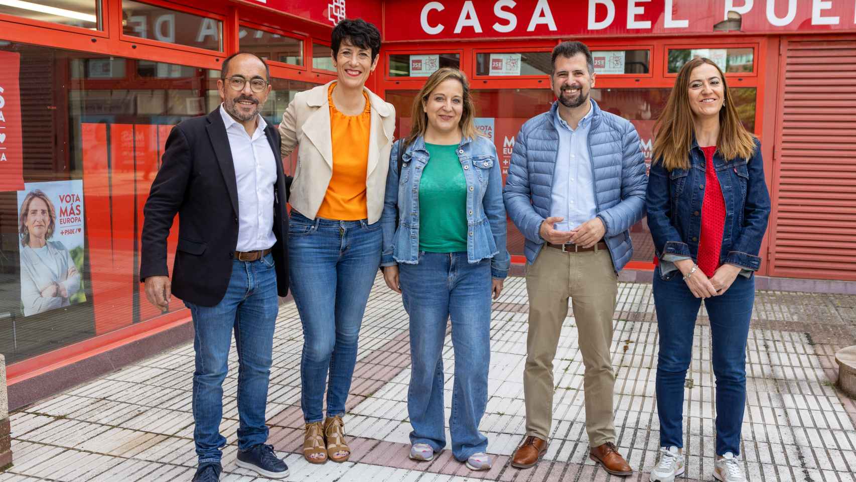 La ministra de Inclusión, Seguridad Social y Migraciones, Elma Saiz; la candidata del PSOE al Parlamento Europeo, Iratxe García; el secretario general del PSCyL, Luis Tudanca; la secretaria de organizacion, Virginia Barcones y el secretario general del PSOE Soria, Luis Rey, participan en un acto de campaña en Soria