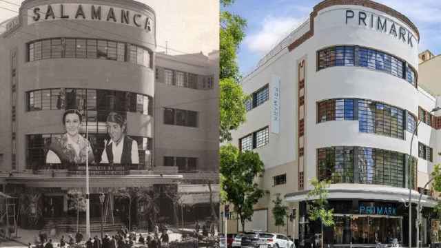 Montaje con el cine Salamanca de 1935 y la tienda de Primark en 2024.