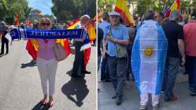 Una manifestante posa con una bufanda de Jerusalén y otro porta la bandera de Argentina