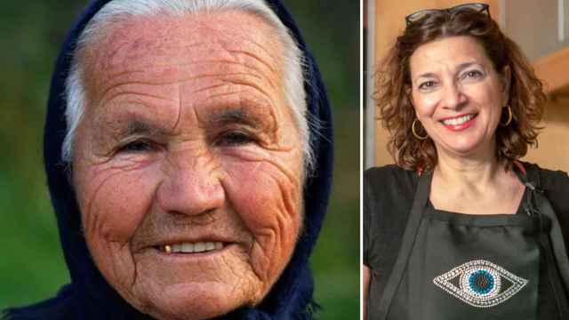 Una anciana griega (akarelias/Shutterstock) y la especialista en dieta mediterránea Diane Kochilas.