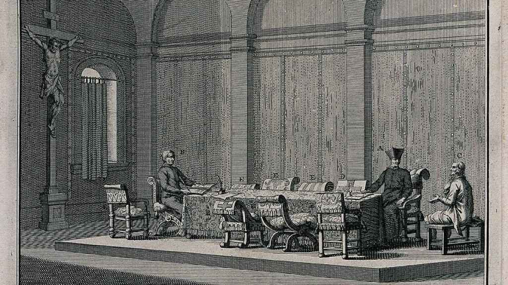 Interrogatorio de la Inquisición a un acusado de herejía según un grabado del siglo XVII.