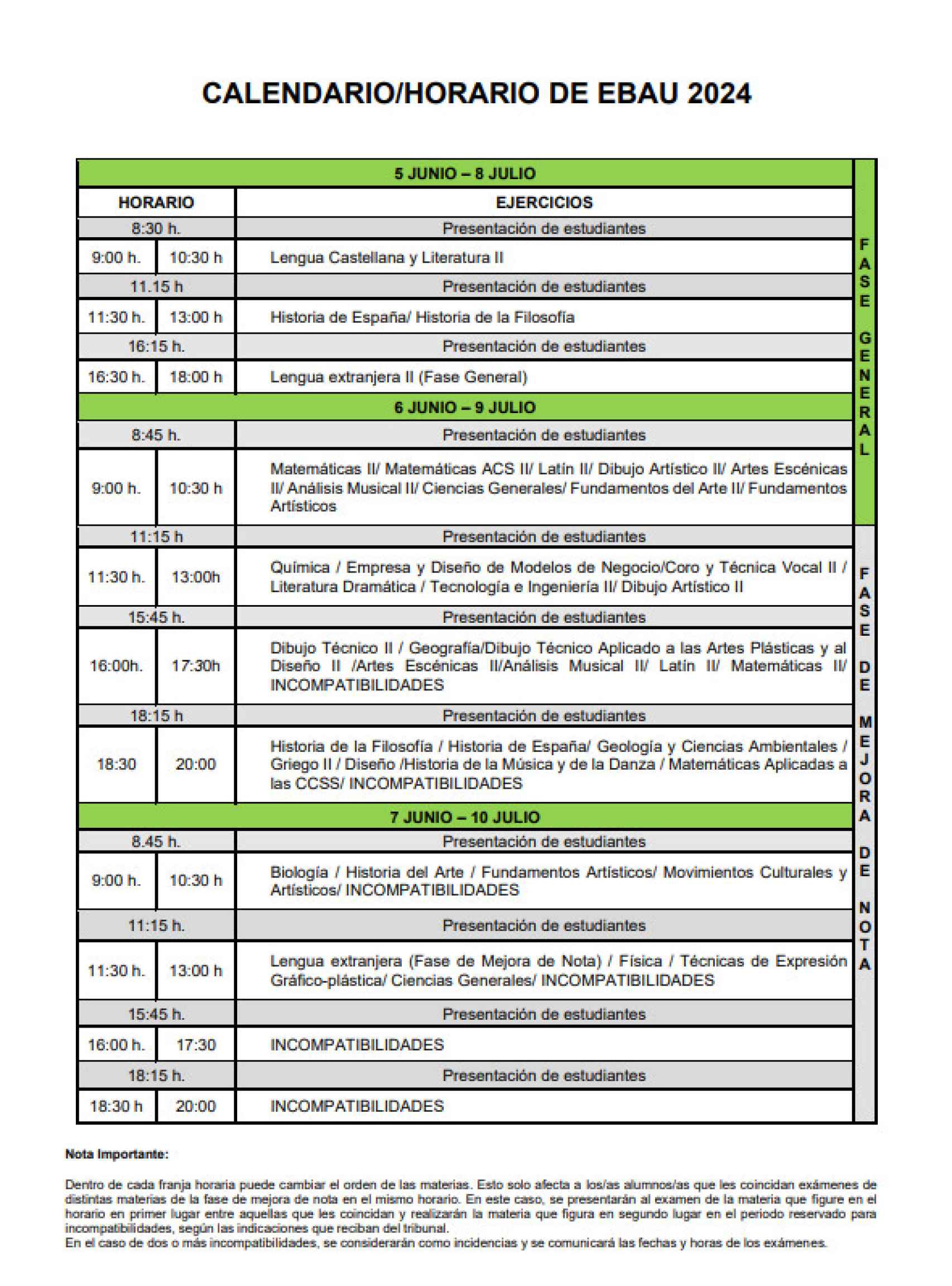 Horarios de la EBAU en Castilla y León