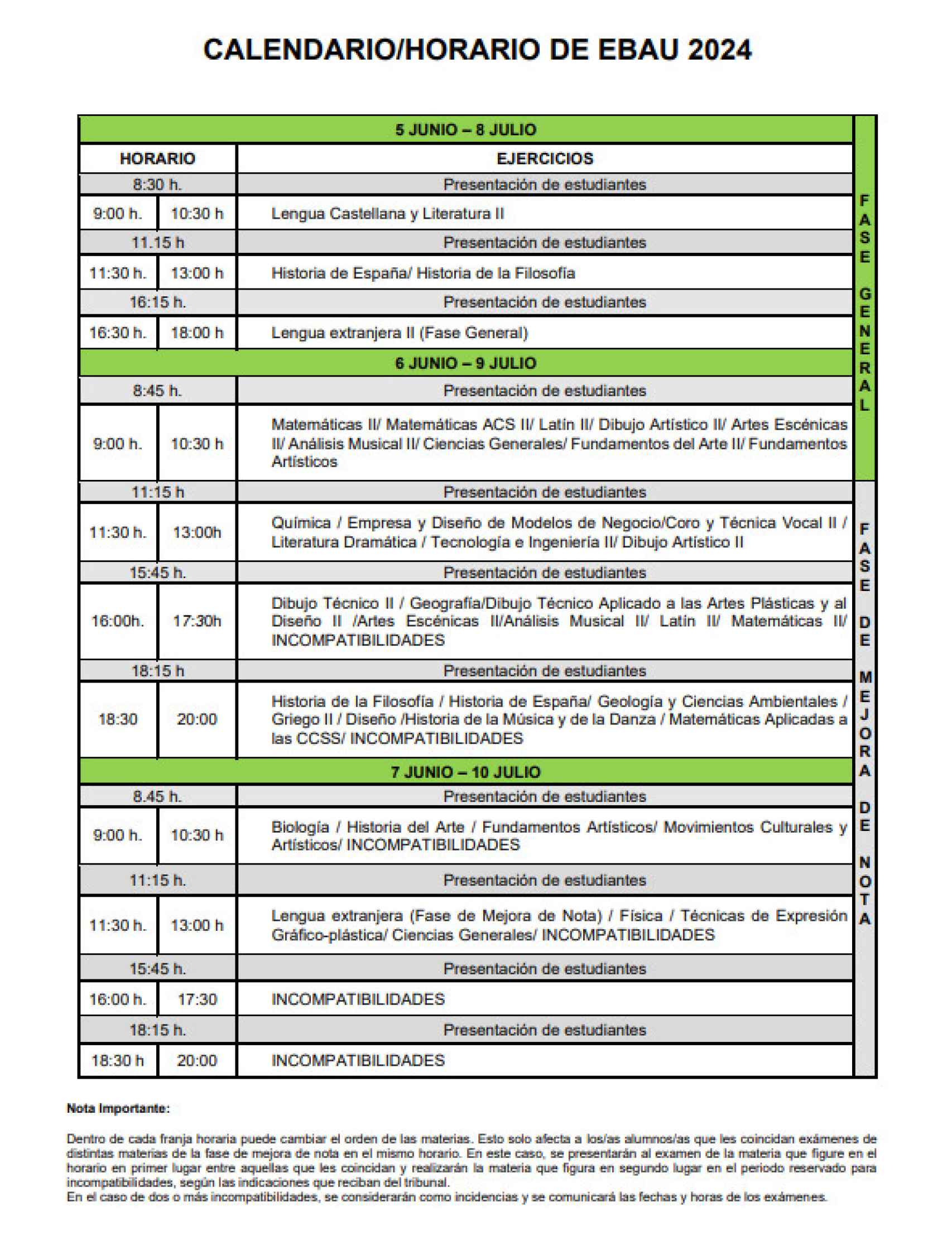 Horarios de la EBAU en Castilla y León