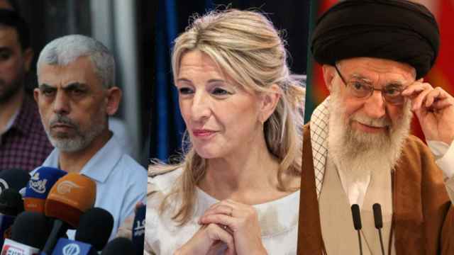 Sinwar (líder de Hamás en Gaza), Yolanda Díaz (vicepresidenta del Gobierno de España) y el ayatolá Jamenei.