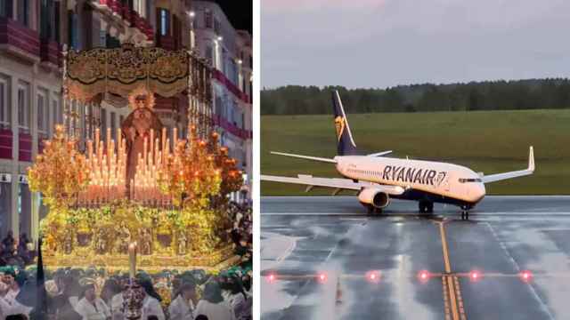 A la izquierda, la Virgen de la Esperanza. A la derecha, un avión Ryanair.