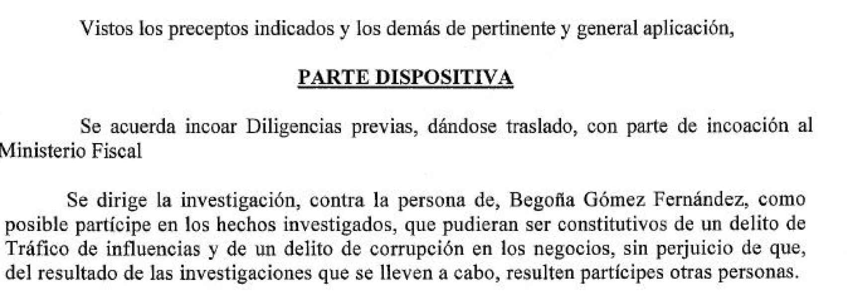 Parte dispositiva de la resolución del juez Peinado por la que abre una investigación penal a Begoña Gómez./