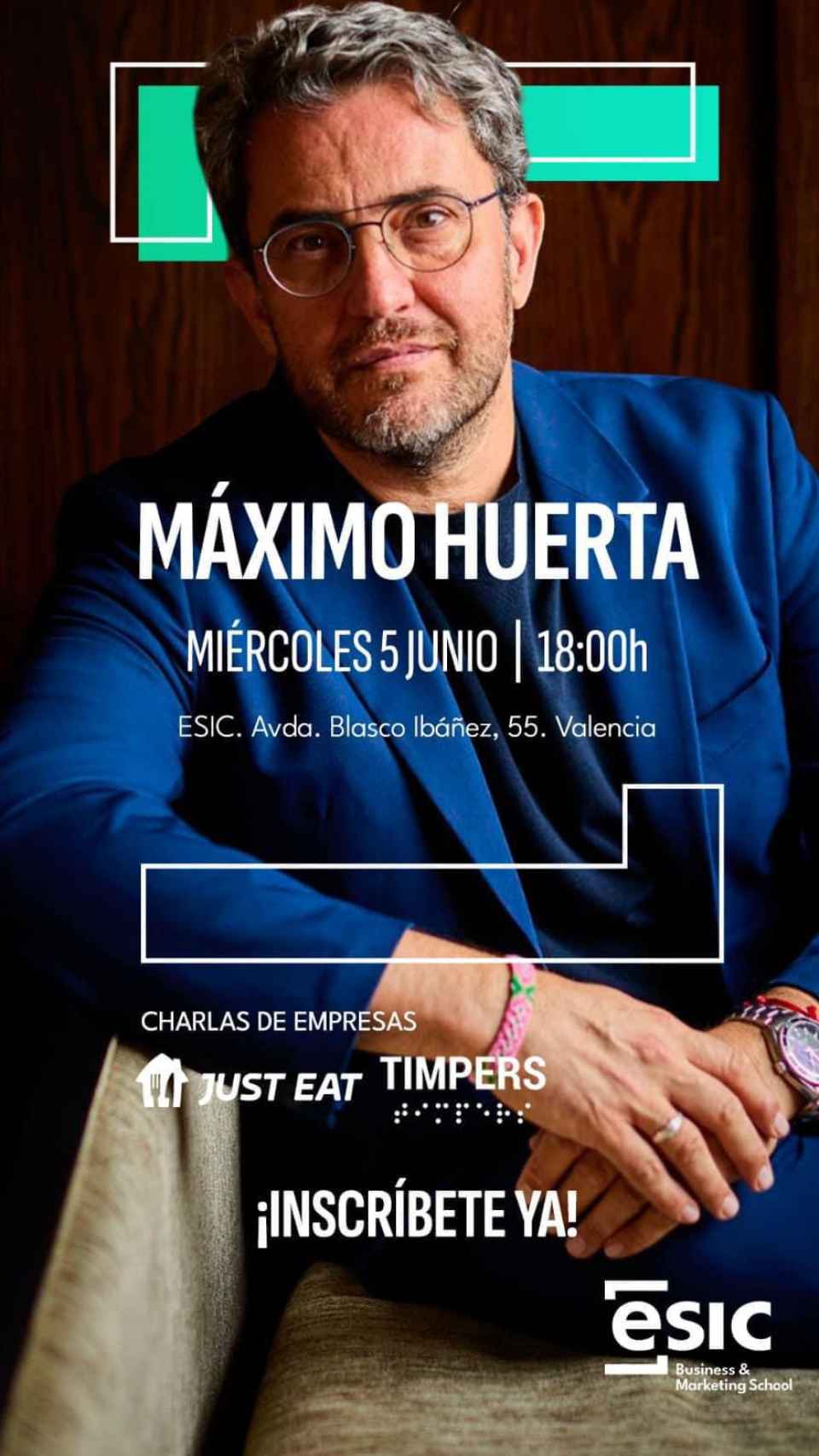 Imagen promocional de la ponencia de Máximo Huerta organizada por el ESIC.
