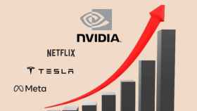 Logos de Nvidia, Meta, Tesla y Netflix sobre un gráfico de barras.