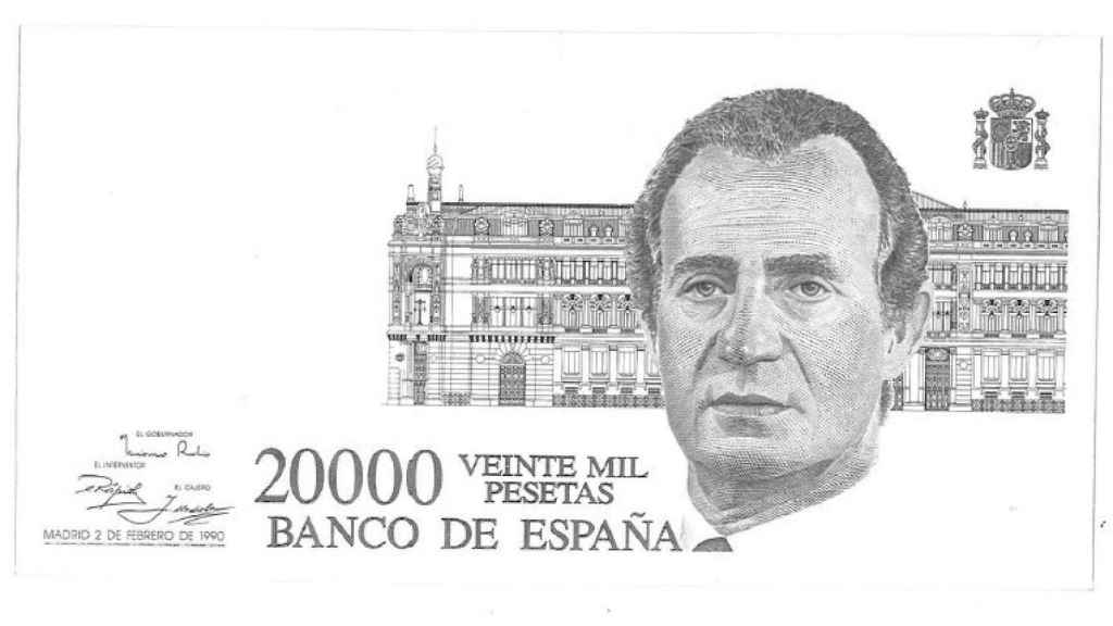 El billete de 20.000 pesetas de Juan Carlos I que no llegó a salir y que se expondrá en la 54ª Feria del Sello en Madrid.