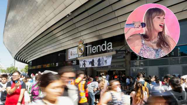 Taylor Swift y una imagen del Estadio Santiago Bernabéu.