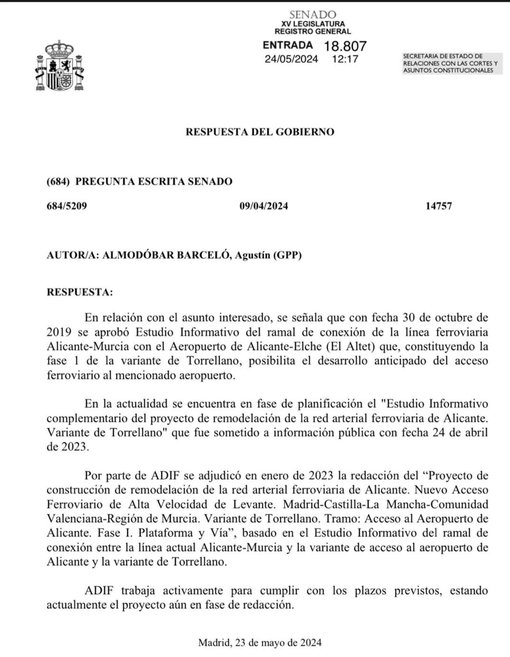 Respuesta del Gobierno al senador Agustín Almodóbar.