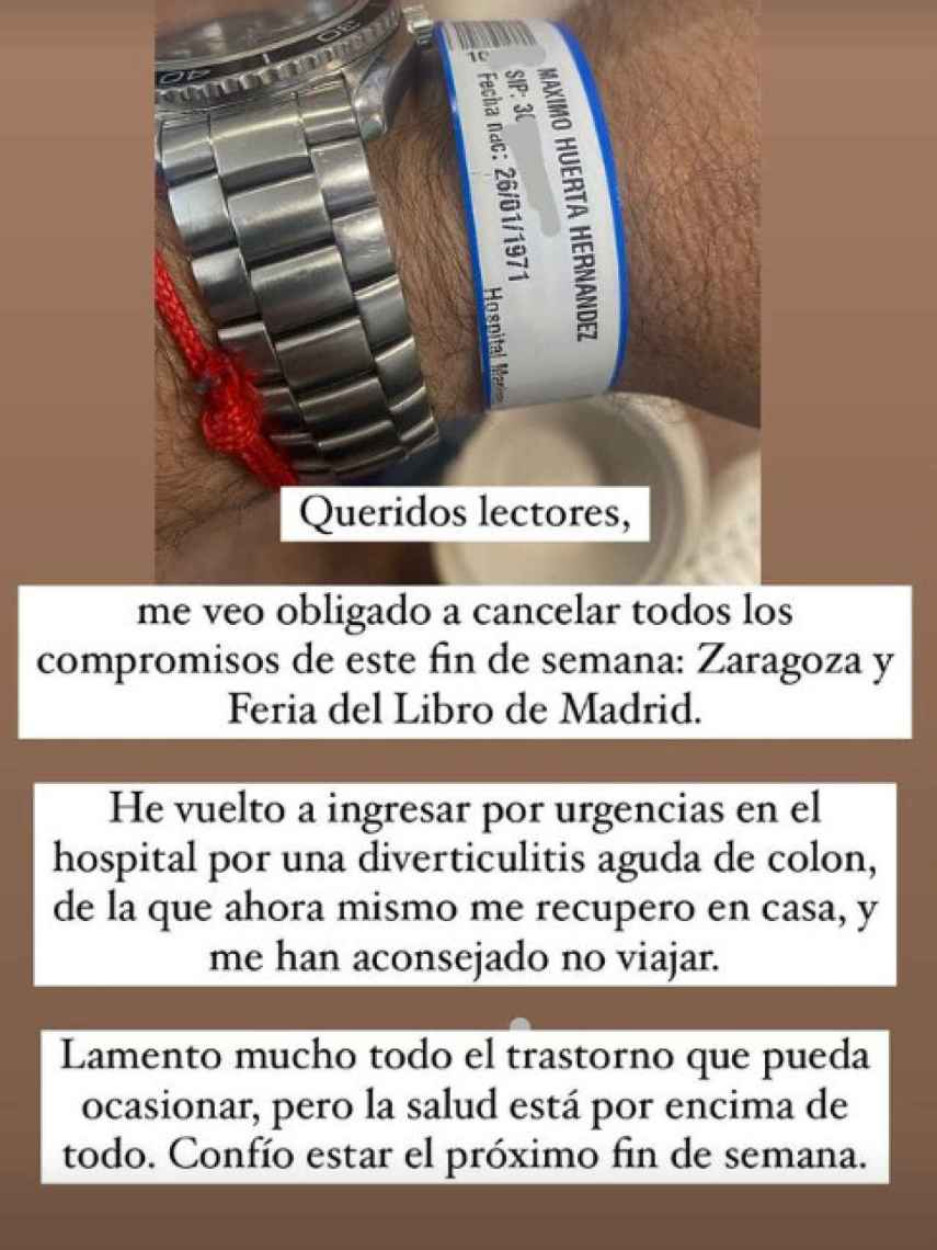 La publicación de Máximo Huerta, desde el hospital.