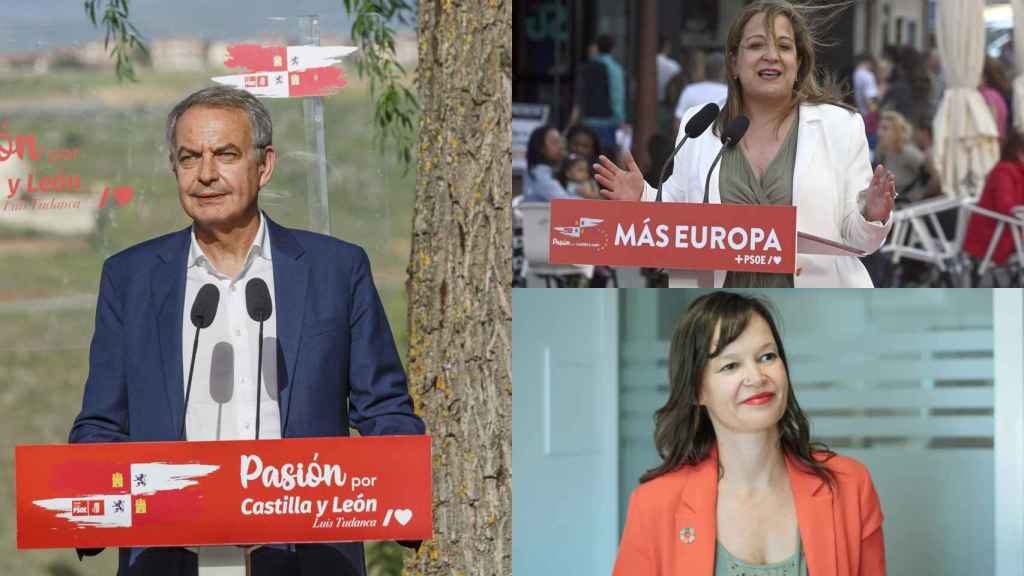 José Luis Zapatero (a la izquierda), Iratxe García (arriba a la derecha) y Leire Pajín (abajo a la derecha)