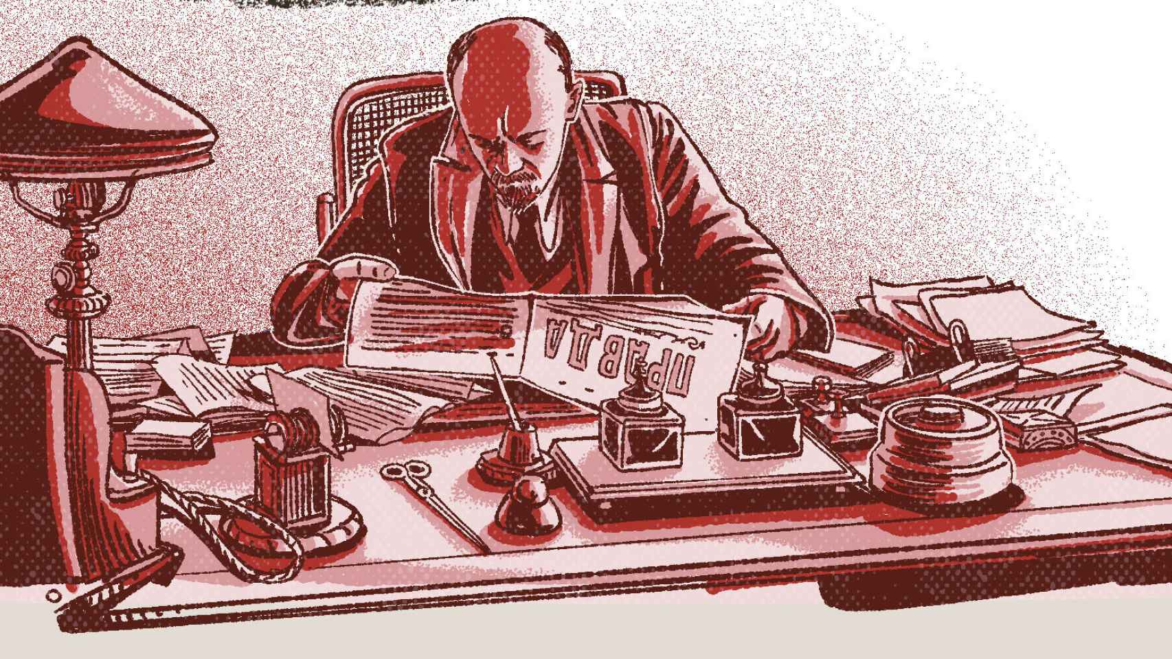 Ilustración de Agustín Comotto de Lenin en su escritorio.