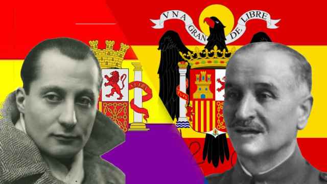 Primo de Rivera y Queipo del LLano sobre las baderas republicana y franquista.