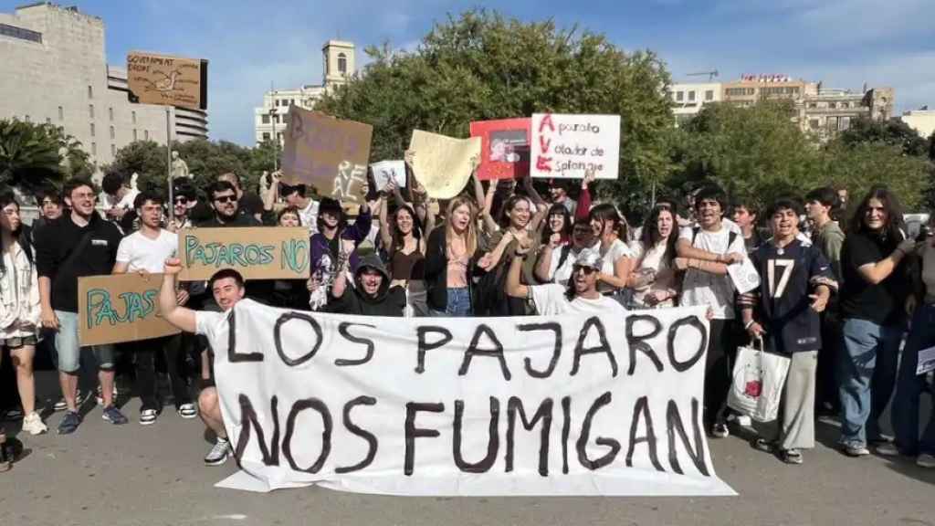 Manifestantes en el concentración convocada por Los Pájaros No Existen en Barcelona.