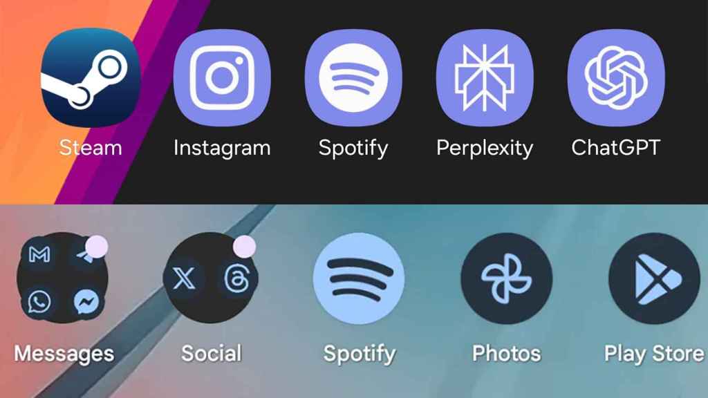 Arriba el icono de Spotify en un Samsung Galaxy S24 Ultra y abajo en un Pixel