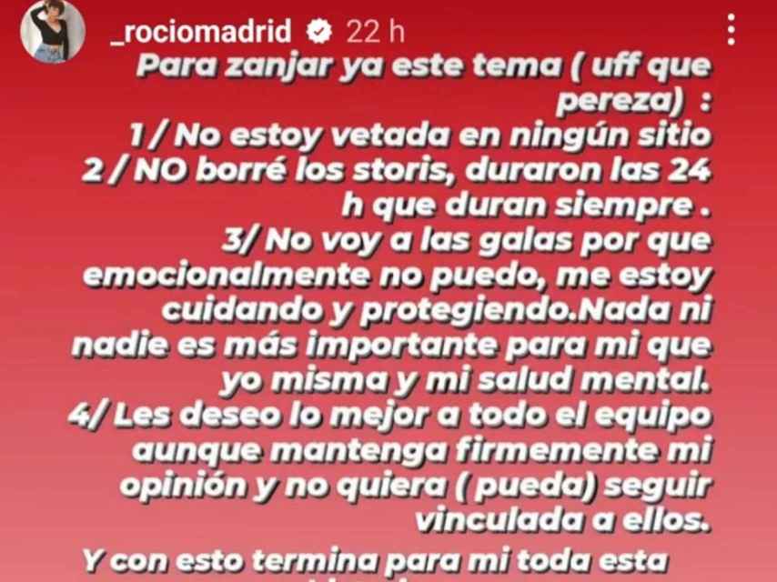 Pantallazo de una historia del perfil de Instagram de Rocío Madrid.
