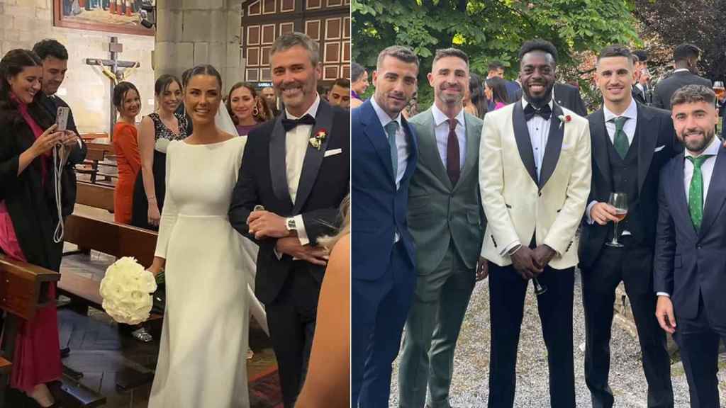 Dos momentos de la boda; ella, llegando al altar, y él con unos amigos.