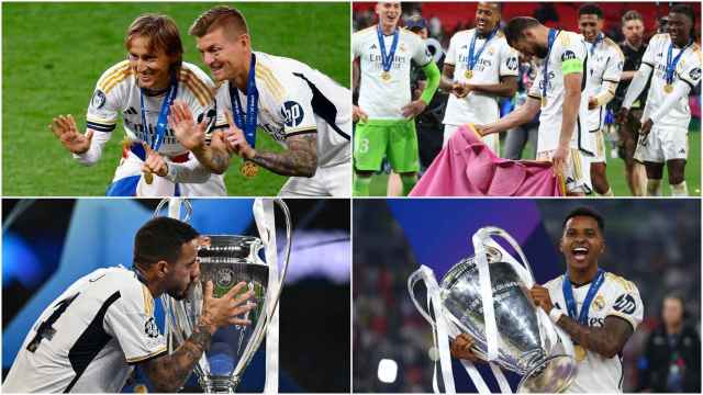 Modric y Kroos, Nacho, Joselu y Rodrygo, durante la celebración de la Champions League