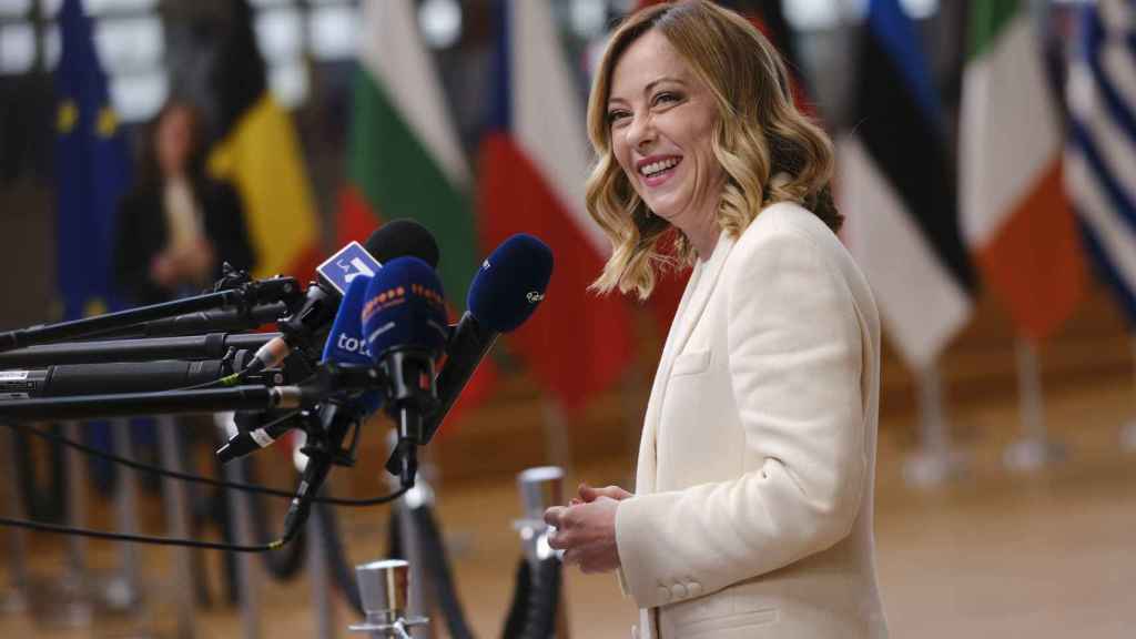 The Italian Prime Minister, Giorgia Meloni, speaks to the press on her arrival at the European Council last April