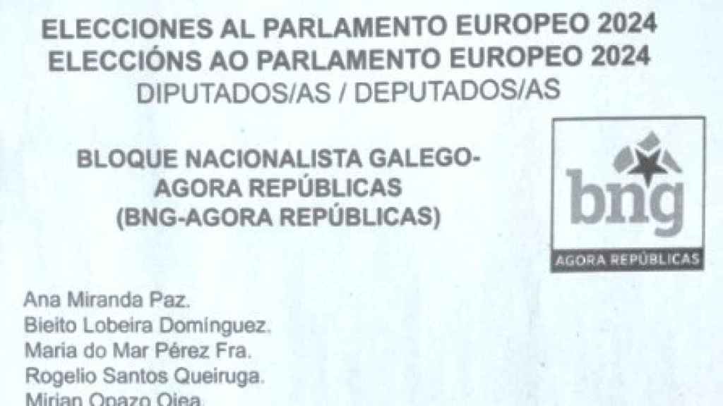 Papeleta del BNG (Ahora Repúblicas) para las elecciones europeas.