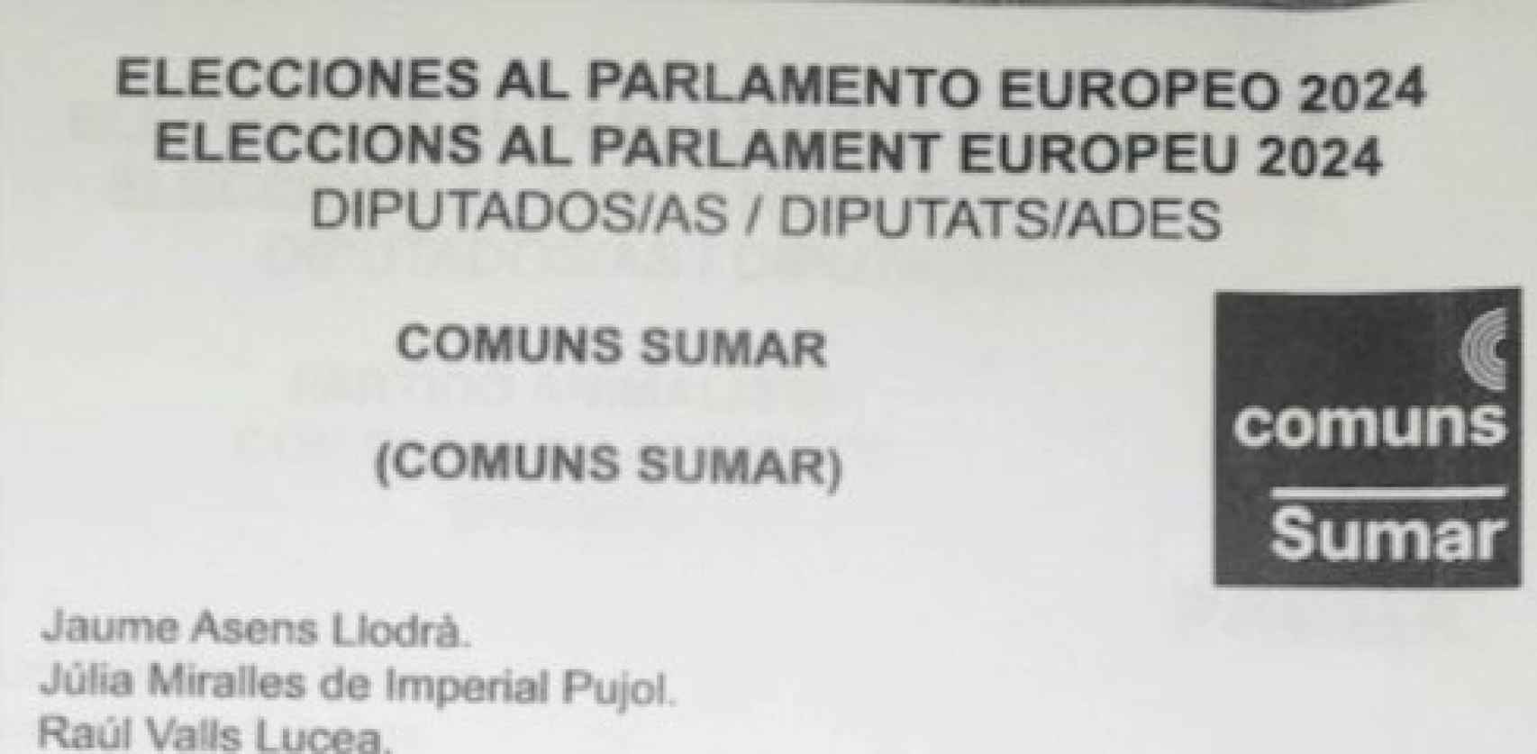 Papeleta de los Comuns (Sumar) para las elecciones europeas del 9-J.