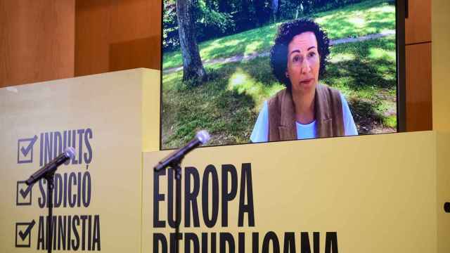 Marta Rovira, secretaria general de ERC, el pasado sábado, en un mitin desde su refugio en Suiza.