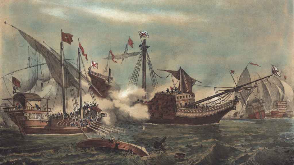 Combate naval de Préveza de 1538 según una ilustración del siglo XIX.