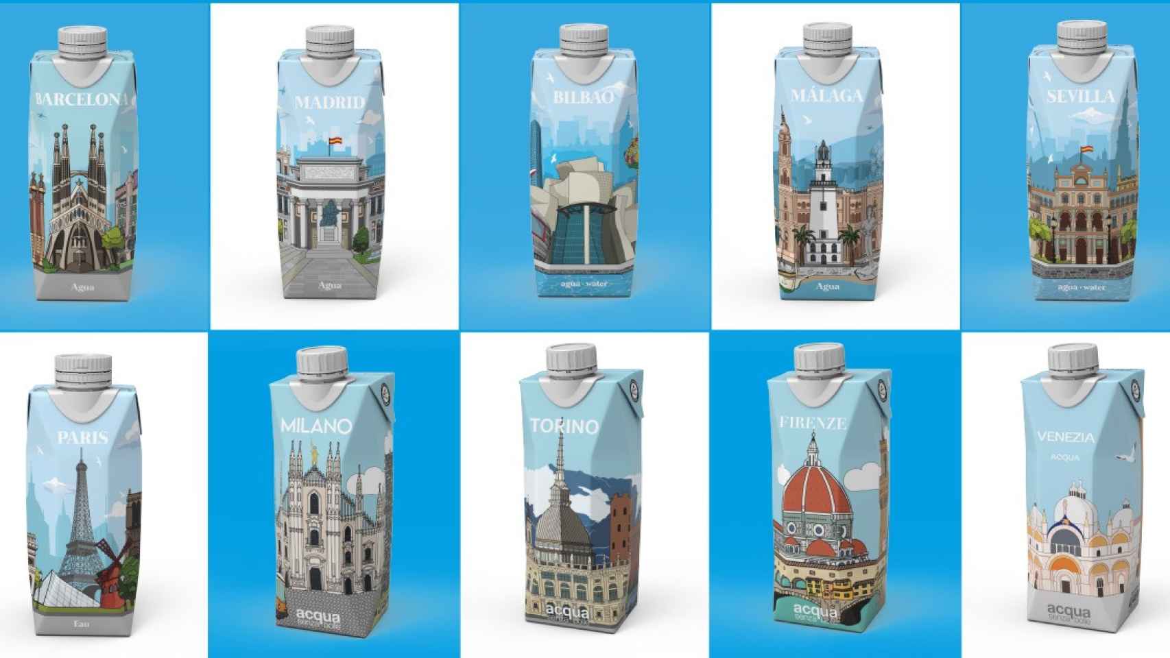 El diseño de varias de las botellas de agua.