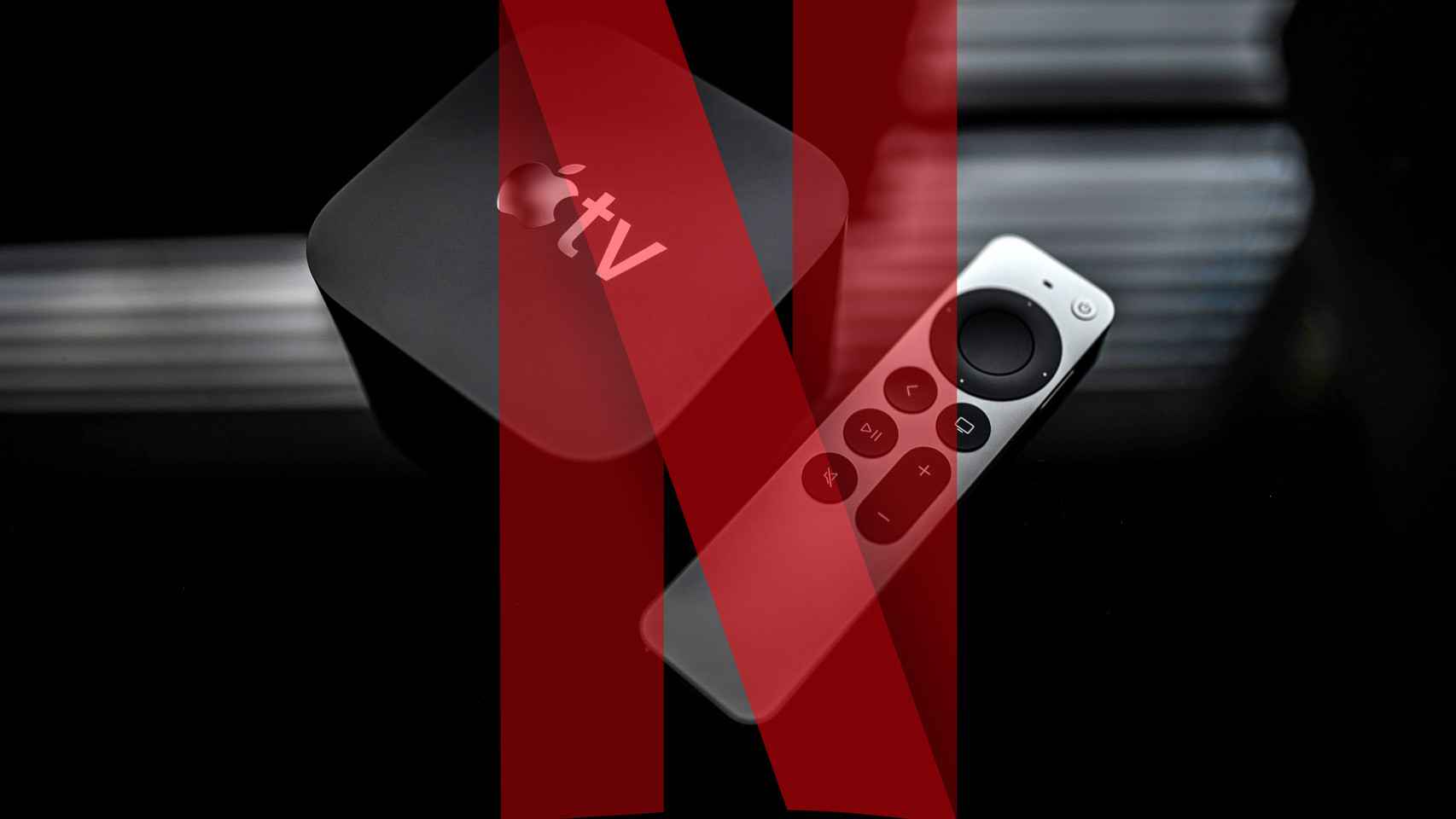 Fotomontaje con un Apple TV y el logo de Netflix.