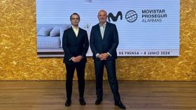 Diego Torrico y Fernando Saldaña, consejero delegado y director Comercial y de Marketing de Movistar Prosegur Alarmas, en la presentación de los resultados de la empresa.